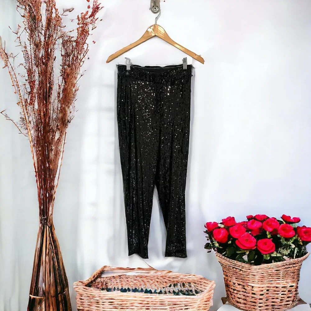 Womens Express Black Sequin Ankle Pants Small Evening Elegant Party Wedding Date - Picture 4 of 10